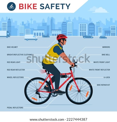 Bike safety equipment checklist infographic, safe mobility and transportation concept Royalty-Free Stock Photo #2227444387