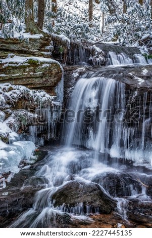 Lin Camp Branch Waterfall in winter with snow and ice, Monongahela National Forest, Webster County, West Virginia, USA