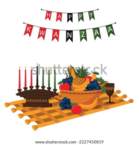 Square holiday card of Happy Kwanzaa. A composition with a woven mat, a kinara, a fruit basket and unity cup. Cartoon vector illustration on a white background