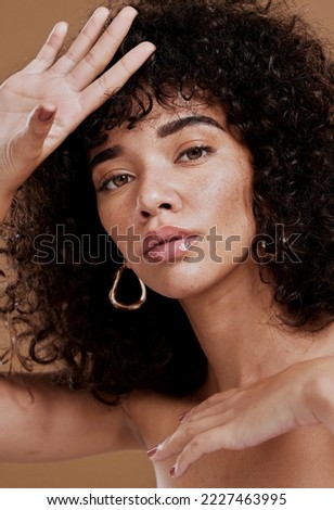 Portrait of woman, skincare and hair beauty for cosmetics wellness healthcare, natural makeup and skin care health. Face of a curly hair model, luxury spa treatment and organic facial self care glow