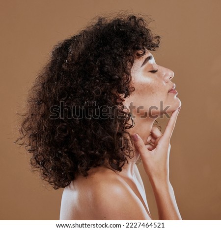 Woman, hair and skincare for salon treatment, cosmetics or makeup against brown studio background. Proud female model profile in relax, satisfaction or healthy hair care, wellness or facial on mockup