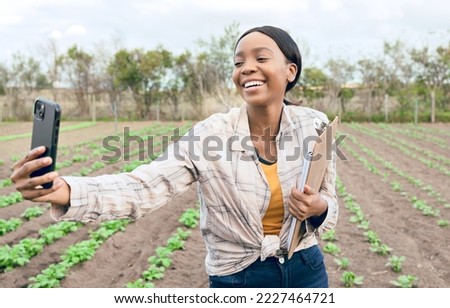 Black woman, farm and agriculture selfie with farmer in harvest field for farming and sustainability outdoor. Smile in picture, smartphone and clipboard for crop check and inspection, green and soil.