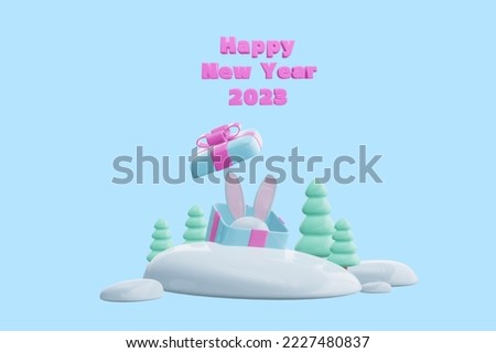 3d render. Happy new year 2023. Rabbit ears sticking out of the gift box