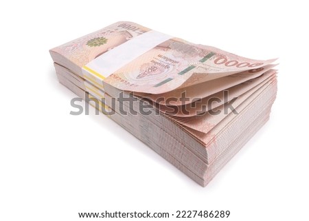 New Thai Banknote 1000 baht stacking isolated on white background. This has clipping path . ( Photo stacking full depth field focus full sharpen)