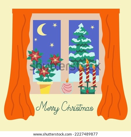 Square Christmas card. A window with a view of a winter street and a Christmas tree in the snow.  There are candles and a blooming poinsettia on the windowsill. Illustration in a flat cartoon style.