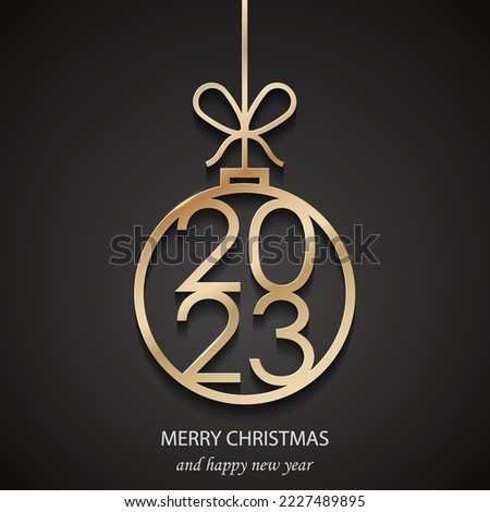 Gold Christmas tree decoration 2023 on black background. Merry Christmas and Happy New Year 2023. Christmas ball decoration vector illustration