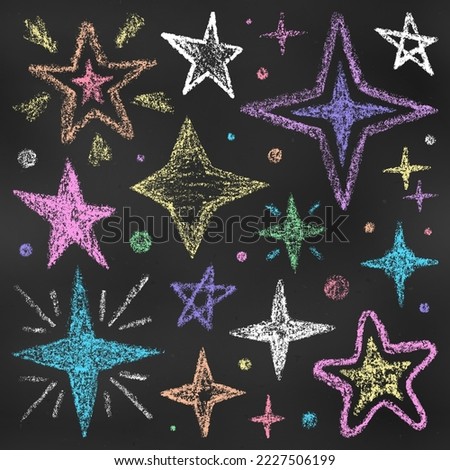 Realistic Chalk Drawn Sketch. Set of Design Elements Stars of Different Colors Isolated on Chalkboard Backdrop. Kit of Textural Crayon Drawings of Night Sky Symbols on Blackboard.