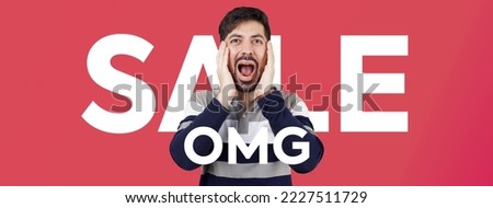 Sale Cover Photo. OMG Sale social media cover photo. Boy screaming announcement banner in red background. Guy shocking Sale announcement. Guy hands on ear screaming OMG. Unbelievable Announcement. Royalty-Free Stock Photo #2227511729