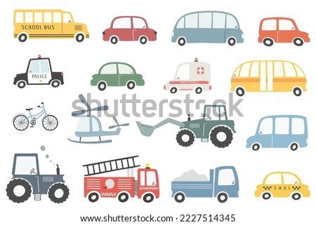 Set of different cute transport in flat style. Colorful cartoon simple vector illustrations for kid's rooms, children's clothes, posters, invitation, cards, games.  