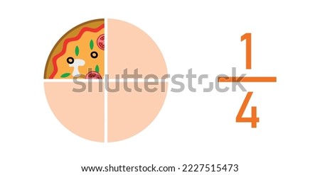 One quarters pizza fractions. Fraction for kids. Pizza slices. Fraction fun with pizza. vector illustration isolated on white background.