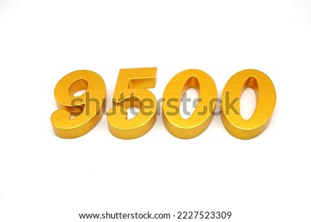     Number 9500 is made of gold-painted teak, 1 centimeter thick, placed on a white background to visualize it in 3D.                                 