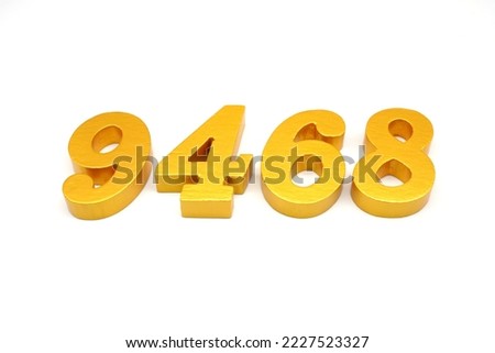  Number 9468 is made of gold-painted teak, 1 centimeter thick, placed on a white background to visualize it in 3D.                                 