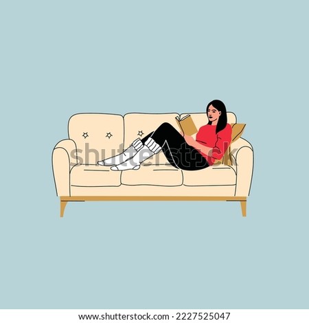 Young woman reading book vector background. Relaxed girl comfortable sitting on the sofa and reading, isolated on white backdrop. Modern home interior illustration. Concept of homeward and comfort. Royalty-Free Stock Photo #2227525047