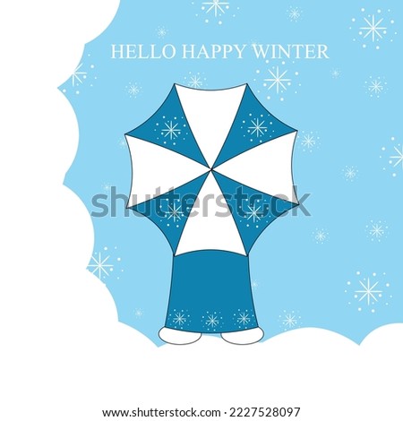 Winter clip art with kid under umbrella, falling snowflakes on blue background with inscription hello happy winter. Winter concept. Hello happy winter picture.