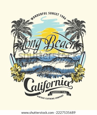 long beach california summer time, summer beach sunshine vector print design artwork, take me to the sunshine, Beach Paradise Print T-shirt Graphics Design, typography slogan on palm trees background
