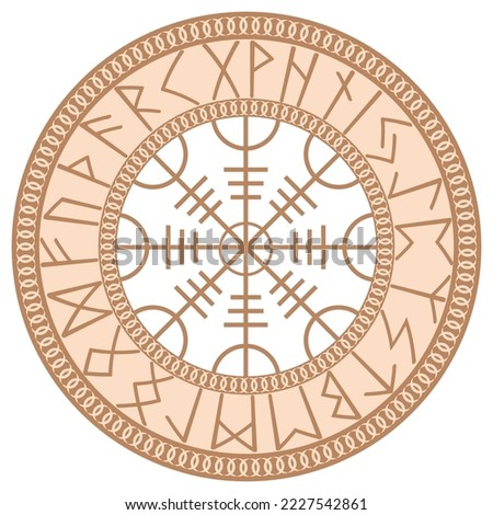 Helm of Awe or Helm of Terror. Norse mythology. Icelandic magical stave. Galdrastafir, intertwined runes. Beige fashion design. Royalty-Free Stock Photo #2227542861