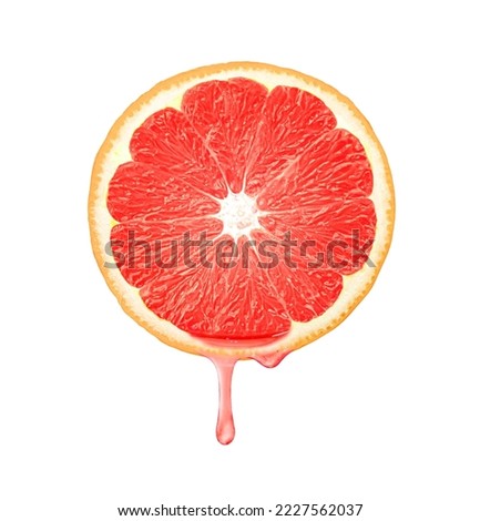 Red grapefruit juice or essential oil dripping from fresh slice isolated on white background. Royalty-Free Stock Photo #2227562037