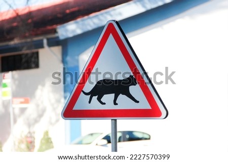 triangular road sign with a picture of a cat