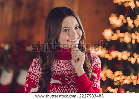 Photo of cheerful attractive lady teenager stay alone home enjoy miracle nice time cozy season room house home