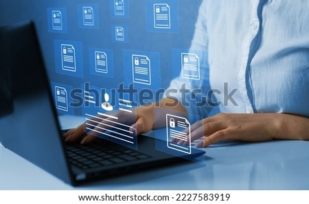 Corporate data management system and document management system with employee privacy. Software for security, searching and managing corporate files and employee information. Royalty-Free Stock Photo #2227583919