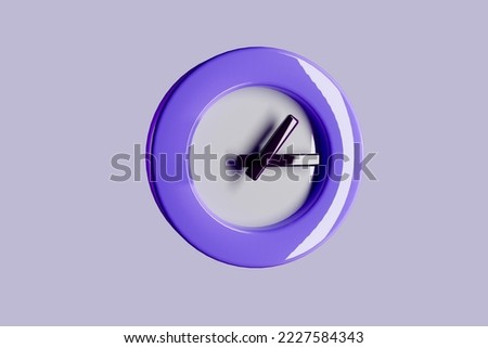 Cartoon purple clocks with black hands 3d render illustration.