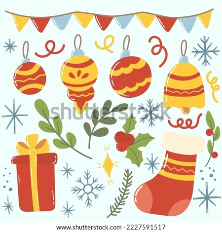 Set of Christmas or New Year decorative festive elements. Cute cozy hand drawn vector clip art.