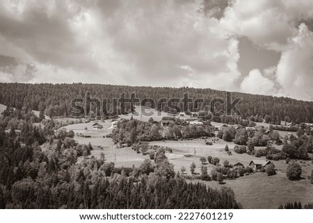Black and white old picture of Wonderful wooded mountain and alpine panorama with village and huts in Carinthia Austria.