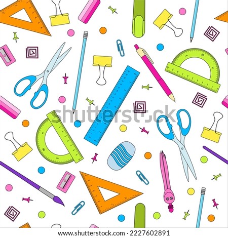 Collection of different colorful school stationery on white background, top view. Illustration