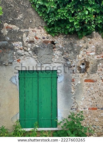 old building wall, stone house, typical old building, green wooden shutter, plants growing on the wall, typical mediterranean building
