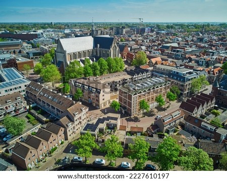 Aerial drone view of the historical center of Alkmaar, North Holland, the Netherlands