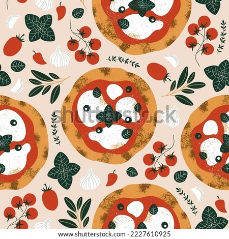 Italian pizza seamless pattern. Pizza ingredients background. Tomato and basil with garlic. Vector illustration.