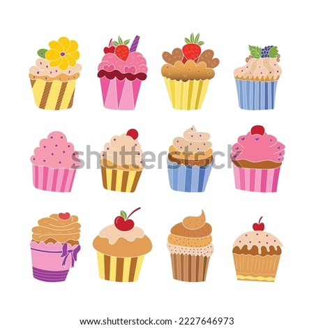 Variety of colorful and delicious cupcakes and yogurt illustrations