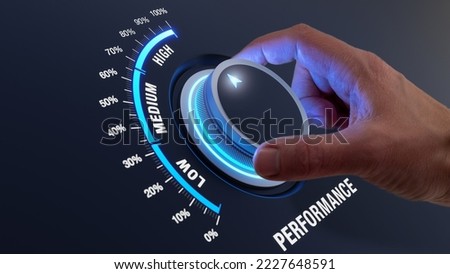 High performance and success. Optimize growth, sales, revenue, productivity. Improve assessment score. Performe at top level. Hand turning knob control button. Royalty-Free Stock Photo #2227648591
