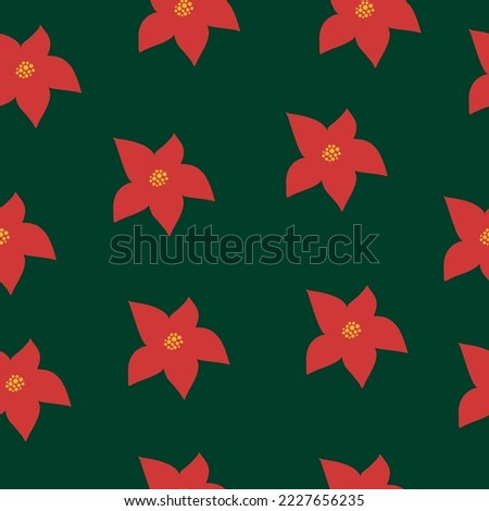 Poinsettia Christmas seamless pattern. Red flowers on green background. Simple repeating pattern. Merry Christmas