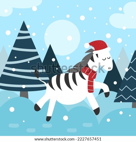 Christmas card with cute little zebra, funny winter animals, cartoon character in winter forest with snow, greeting design