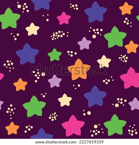 Stars seamless pattern in clown colors. Purple background. Vector art. For kids and gift package