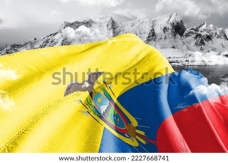 Ecuador national flag cloth fabric waving on beautiful Background.