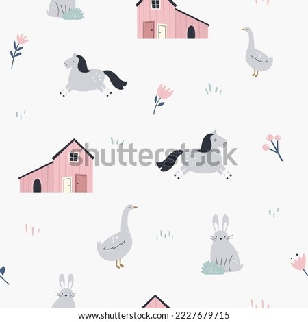 Seamless pattern with cute farm scenery - barn and funny animals. Sweet design for kids clothing, goods, wrapping paper