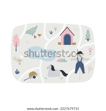 Cute rural scene with barn, tractor, funny animals, plants. Lovable poster design, decoration.