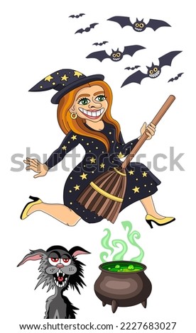 Crazy halloween witch illustration with a magic poison and ugly cat 