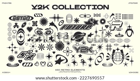 Retro futuristic elements for design. Collection of abstract graphic geometric symbols and objects in y2k style. Templates for pomters, banners, stickers, business cards Royalty-Free Stock Photo #2227690557