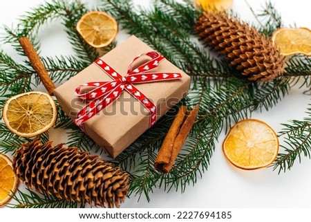 Christmas bright composition. Gift wrapping option. Christmas background for presenting work or text. Copy space.