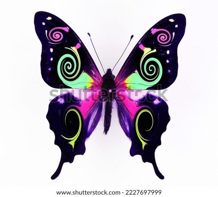 Design element, unusual Chinese style fantastic butterfly, purple violet green  swirl patterns isolated on white close-up for decor, print, backgrounds and decoration