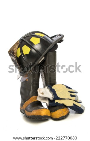 Heavy Duty Protective Fire Fighting Cloth, Boots, Gloves, Helmet, Isolated on White Background