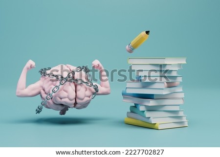 the brain doesn't want to accept science. a brain with pumped hands in chains next to books and a pencil. 3D render.