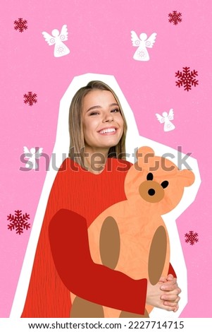 Creative photo 3d collage artwork postcard poster of positive girl hold hub little toy wait saint nicholas isolated on painting background