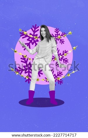 Photo cartoon comics sketch collage picture of smiling funny lady dancing xmas event having fun isolated drawing background