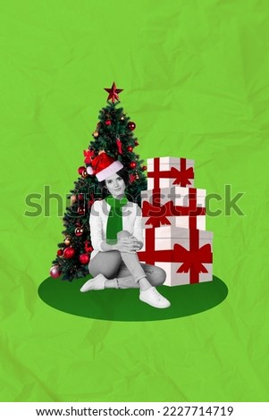 Vertical creative photo collage of good mood glad nice girl sitting by christmas tree present boxes isolated on green color background