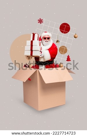 Creative retro 3d magazine collage image of funny funky xmas santa claus delivering home decorations isolated painting background