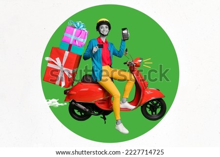 Vertical collage picture of courier girl sit moped hold terminal debit card nfc payment deliver x-mas giftbox isolated on creative background